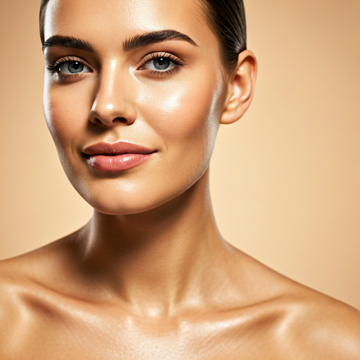 Close-up of a serene woman with glowing smooth skin in soft morning sunlight