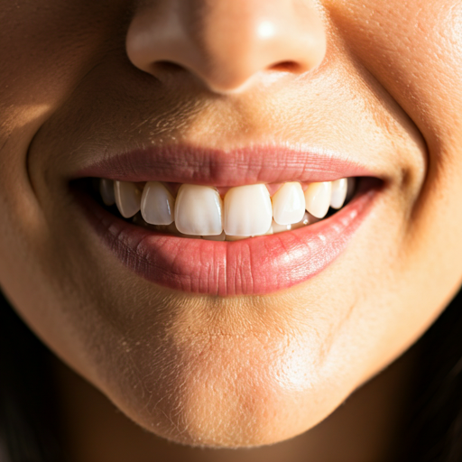 Close-up of a perfectly aligned bright white smile with soft morning light