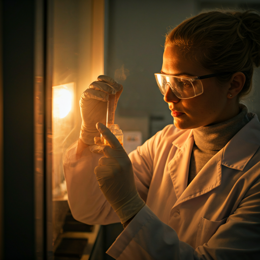 Scientist in a clean laboratory setting examining a serum under warm focused lighting