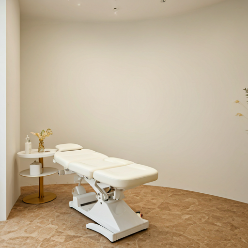 Modern medical treatment room with gold accents and green plants