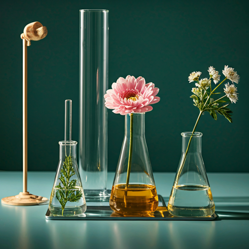 Clean minimalist laboratory setting with glass beakers and botanical extracts